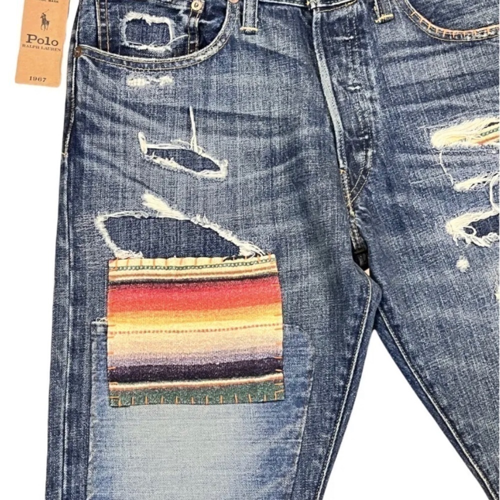 Polo Ralph Lauren Varick Slim Straight Serape Patch Distressed Denim Pants 34 30 - Picture 8 of 10